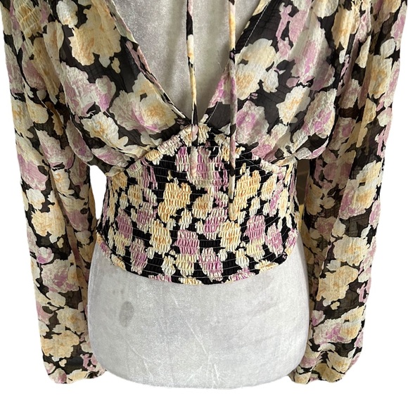 Lulus Romantic Impression Black Floral Smocked Tie Back Cropped Top - M - Picture 10 of 15